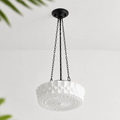 Amalfi round pendant light white patterned milk glass dome black metal warm light vintage hanging white background front view