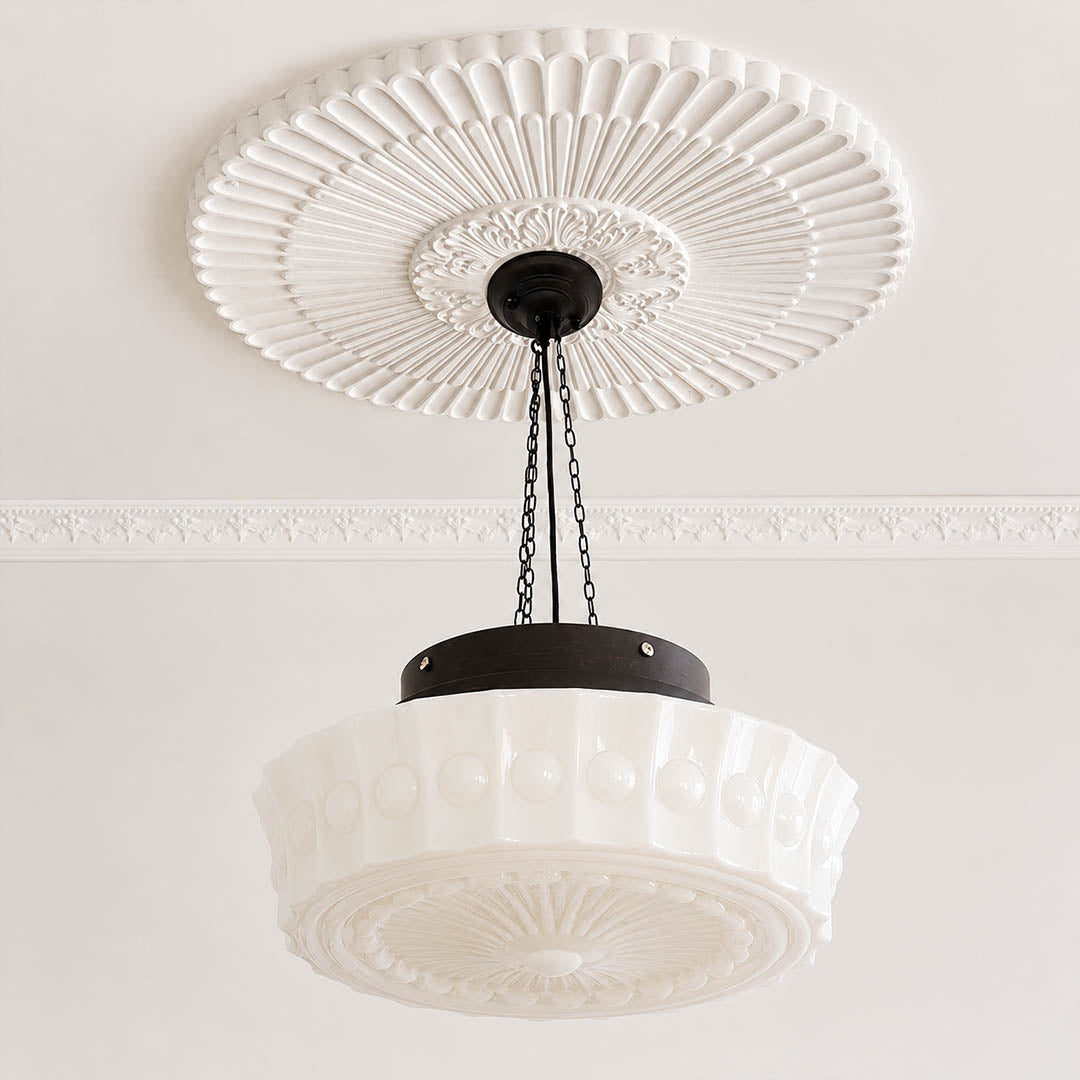 Amalfi round pendant light embossed lace floral art deco pattern milk glass dome detail close up texture craftsmanship