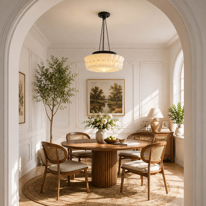 Amalfi round pendant light dining room above table milk glass dome vintage warm glow elegant American home lifestyle interior styled
