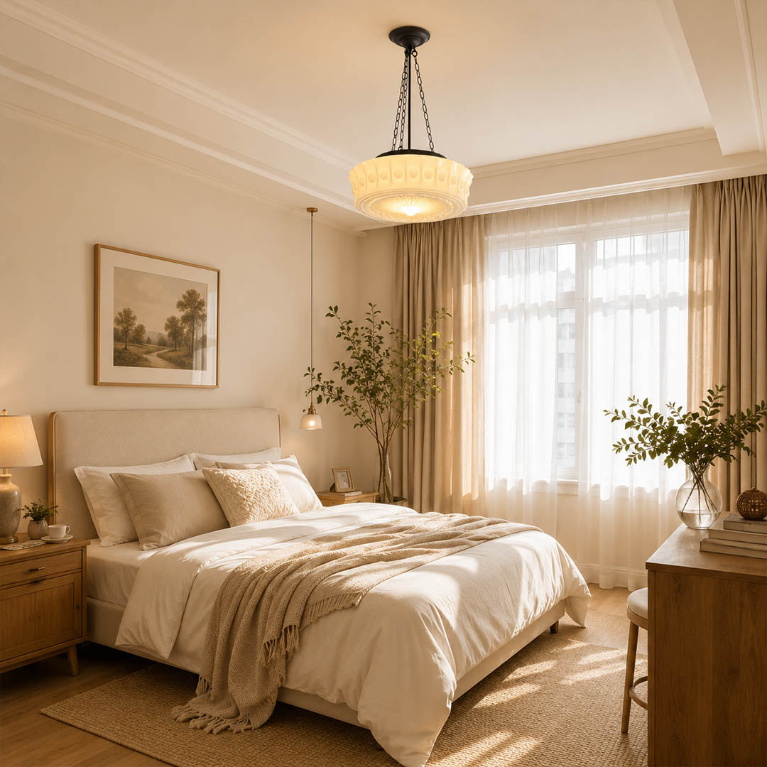 Amalfi round pendant light bedroom bedside hanging milk glass dome vintage soft warm American home lifestyle interior styled