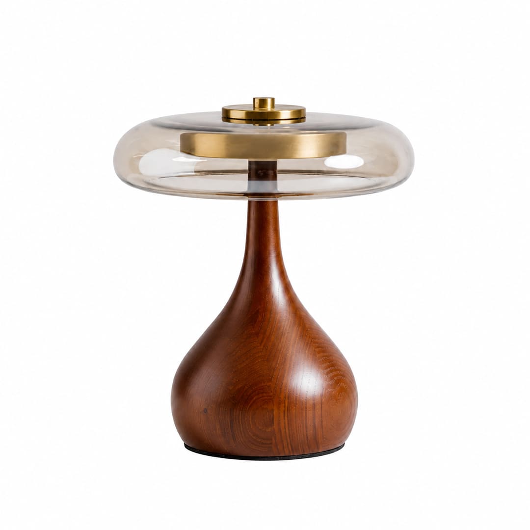Ambra table lamp short 9.8 inch walnut wood curved base amber glass shade dome Japandi organic modern bedside small compact plug in integrated LED white background