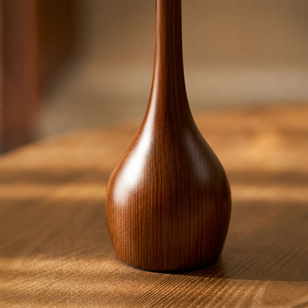 Ambra table lamp walnut wood grain natural texture rich brown warm handcrafted authentic Japandi organic detail close up material quality