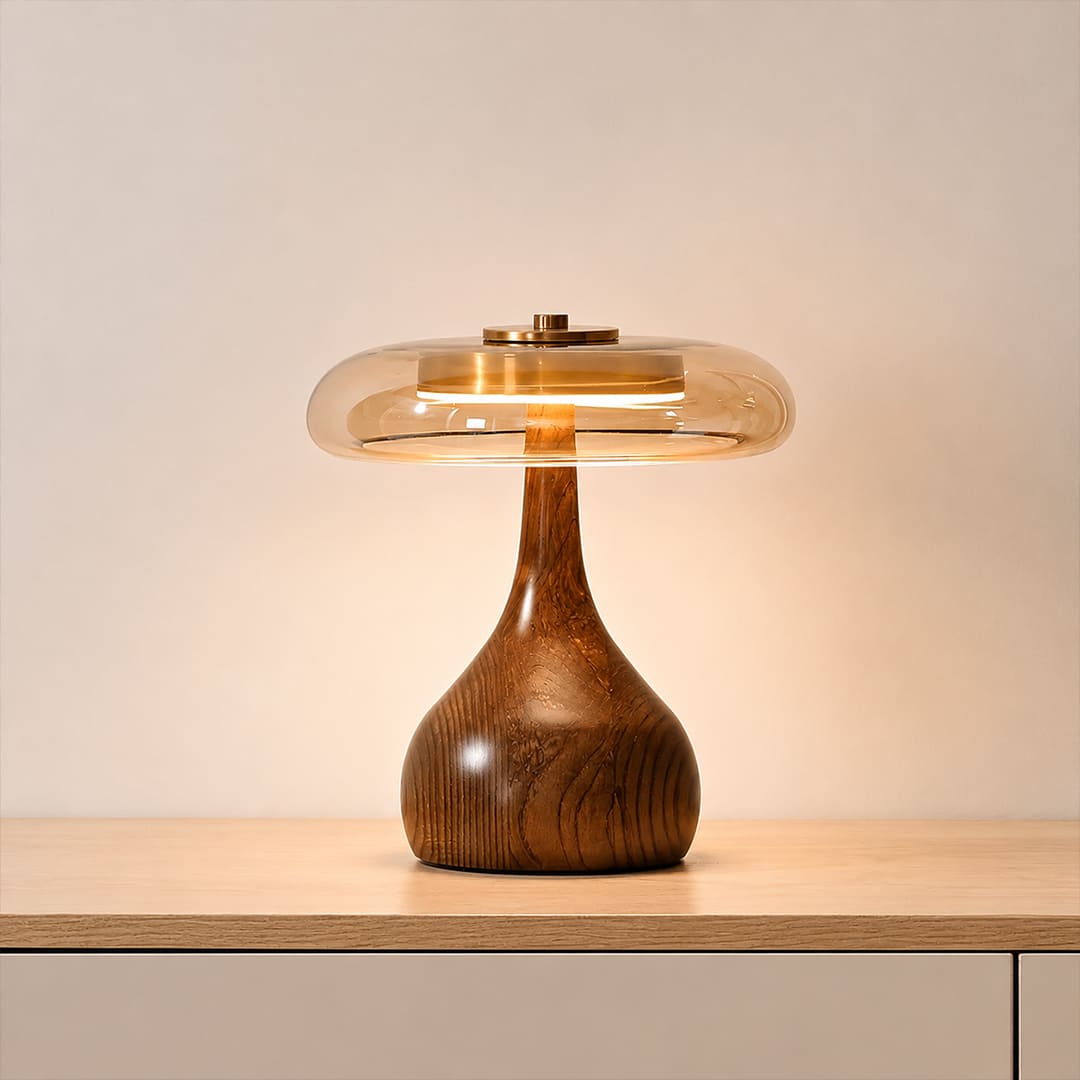 Ambra table lamp short 9.8 inch walnut wood curved base amber glass shade dome Japandi organic modern bedside small compact plug in integrated LED white background