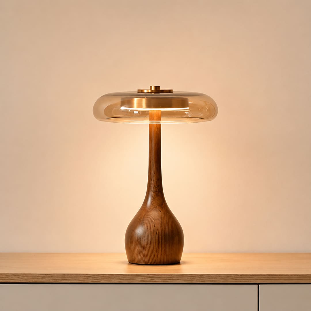 Ambra table lamp short 9.8 inch modern entryway foyer console table welcome walnut wood amber glass Japandi organic modern warm golden ambient elegant sophisticated lifestyle interior American home