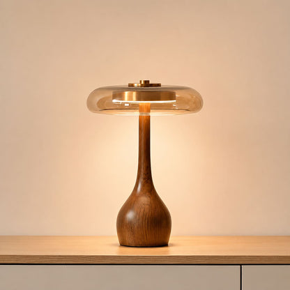 Ambra table lamp short 9.8 inch modern entryway foyer console table welcome walnut wood amber glass Japandi organic modern warm golden ambient elegant sophisticated lifestyle interior American home