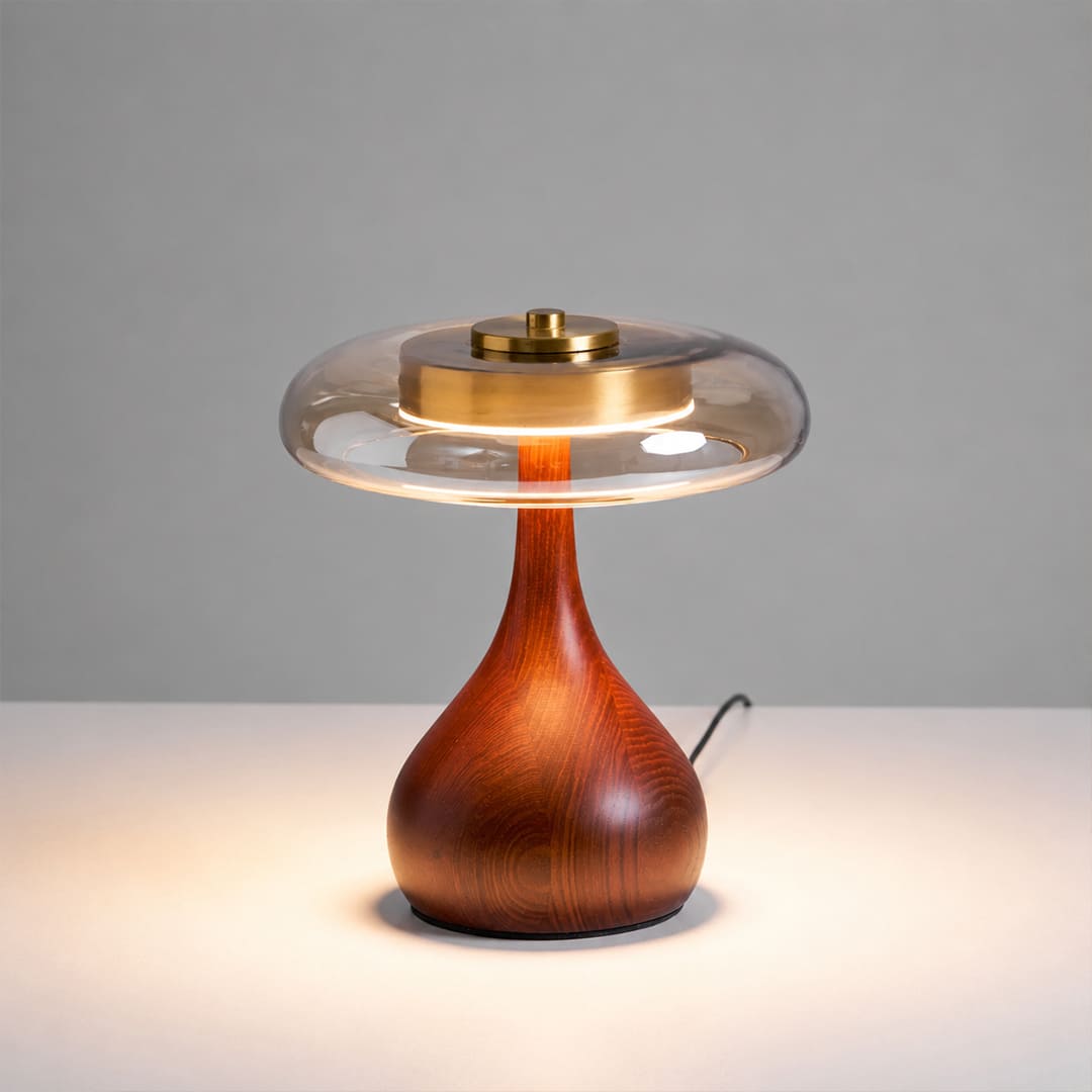 Ambra table lamp short 9.8 inch walnut wood curved base amber glass shade dome Japandi organic modern bedside small compact plug in integrated LED white background