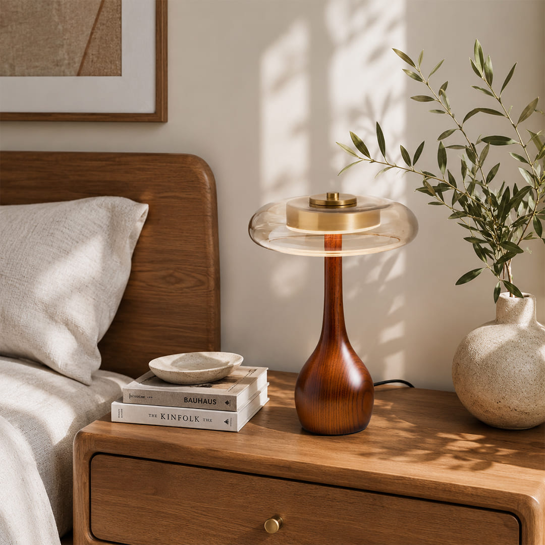 Ambra table lamp short 9.8 inch modern primary bedroom bedside nightstand walnut wood amber glass Japandi organic modern warm golden ambient intimate cozy sophisticated lifestyle interior American home