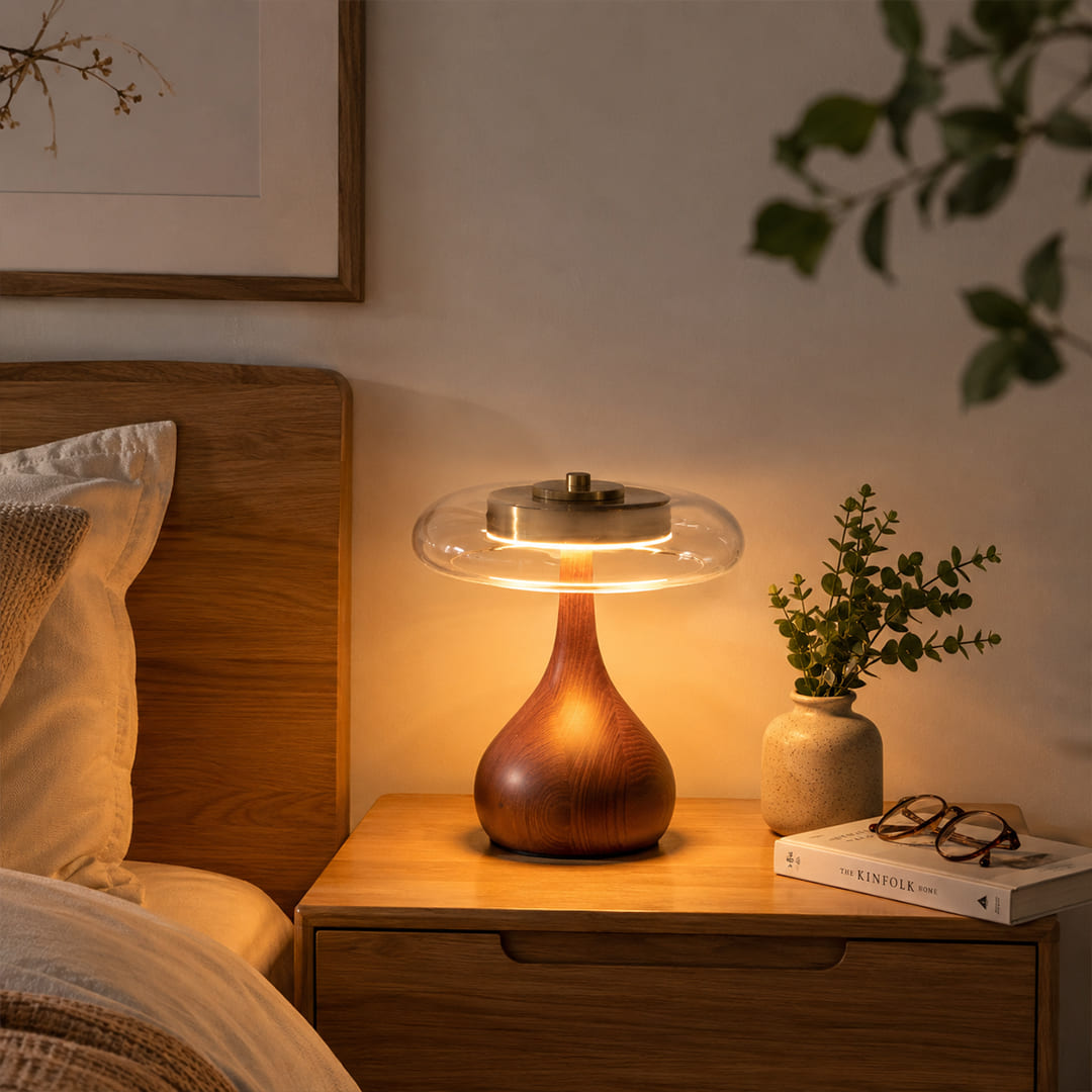 Ambra table lamp short 9.8 inch modern primary bedroom bedside nightstand walnut wood amber glass Japandi organic modern warm golden ambient intimate cozy sophisticated lifestyle interior American home