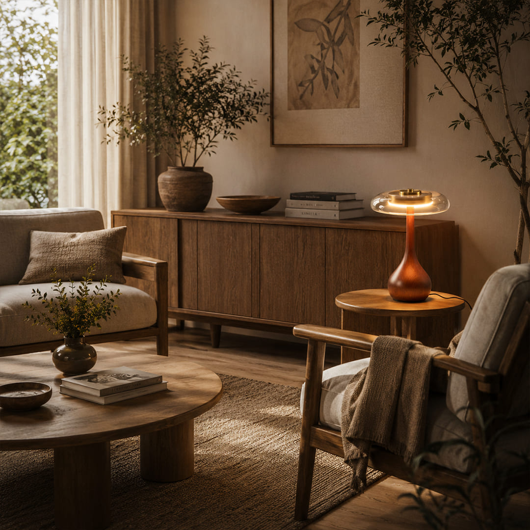 Ambra table lamp tall 12.6 inch modern living room side table sofa accent walnut wood amber glass Japandi organic modern warm golden ambient sophisticated lifestyle interior American home