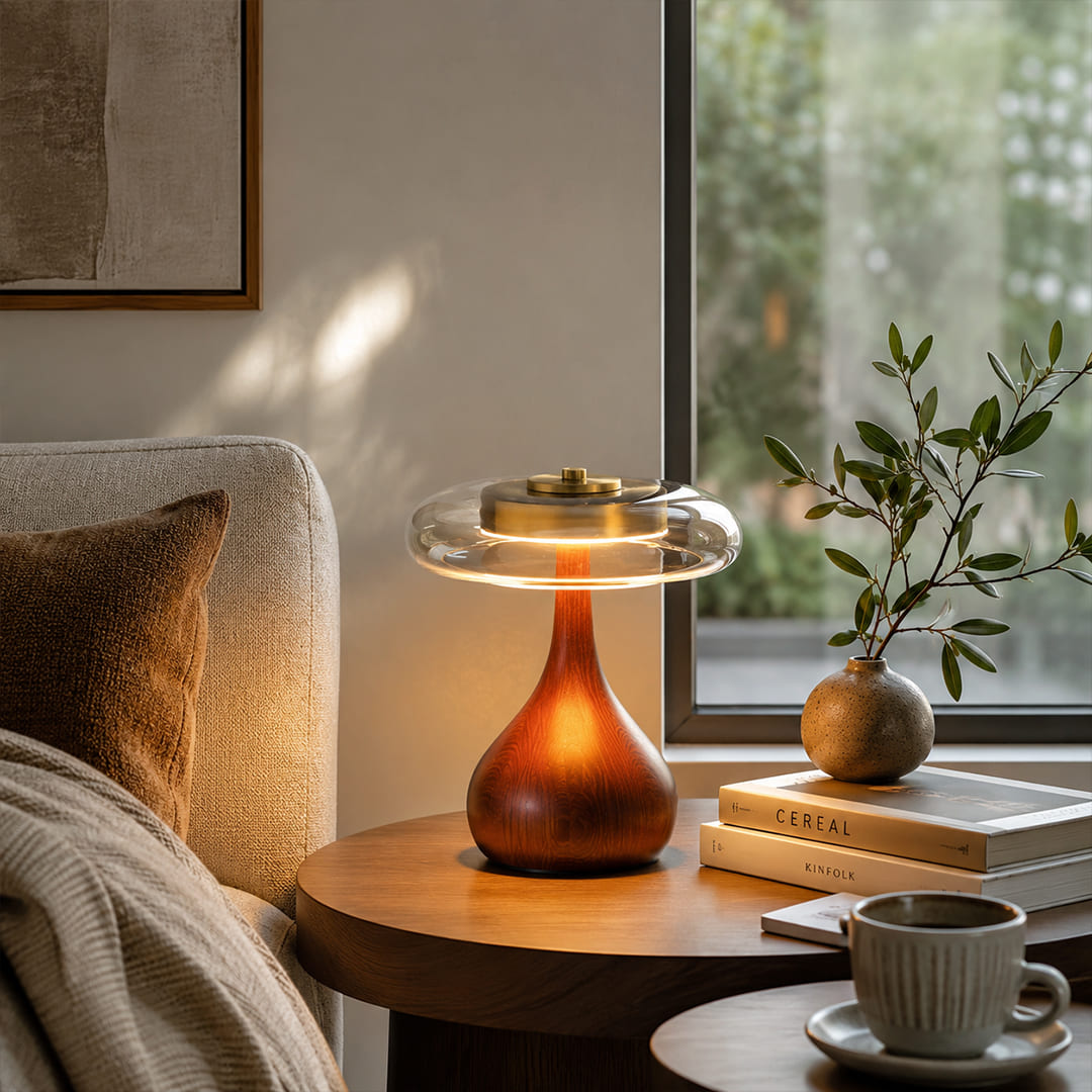 Ambra table lamp illuminated warm amber golden dusk evening mood modern bedroom living walnut wood glass shade honey saturated cozy romantic intimate mood setter lifestyle interior American home