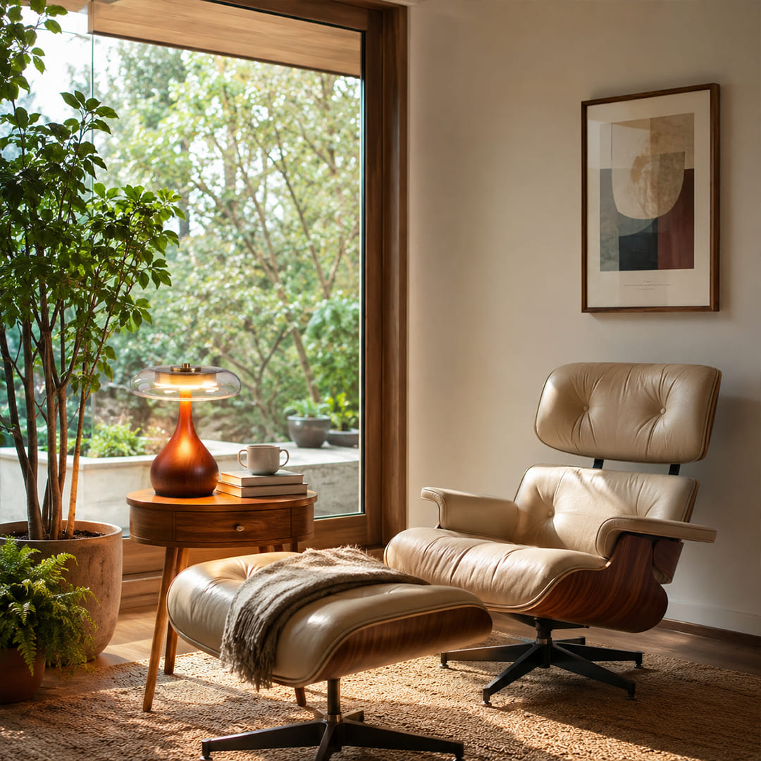 Ambra table lamp tall 12.6 inch modern living room reading corner armchair side table walnut wood amber glass Japandi organic modern warm golden ambient intimate cozy focused lifestyle interior American home