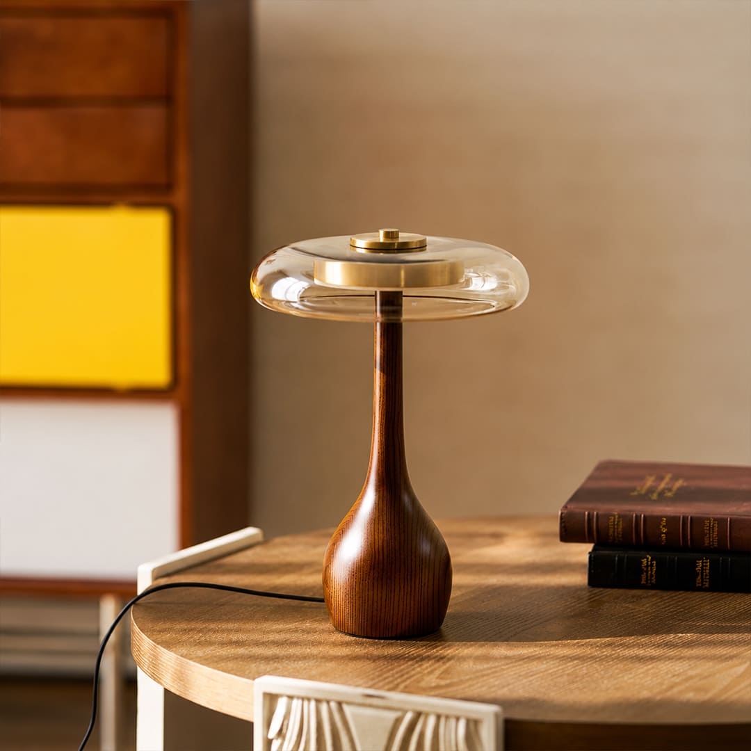 Ambra table lamp coordination short tall duo home modern Japandi organic living room bedroom walnut wood amber glass warm golden ambient signature lifestyle interior American home