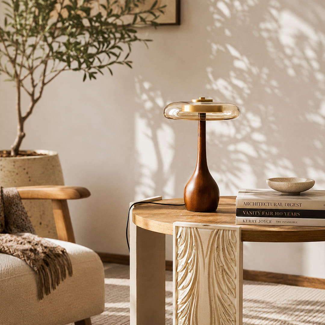 Ambra table lamp tall 12.6 inch modern living room reading corner armchair side table walnut wood amber glass Japandi organic modern warm golden ambient intimate cozy focused lifestyle interior American home