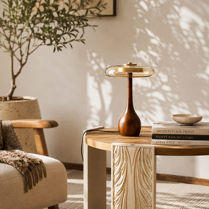 Ambra table lamp tall 12.6 inch modern living room reading corner armchair side table walnut wood amber glass Japandi organic modern warm golden ambient intimate cozy focused lifestyle interior American home