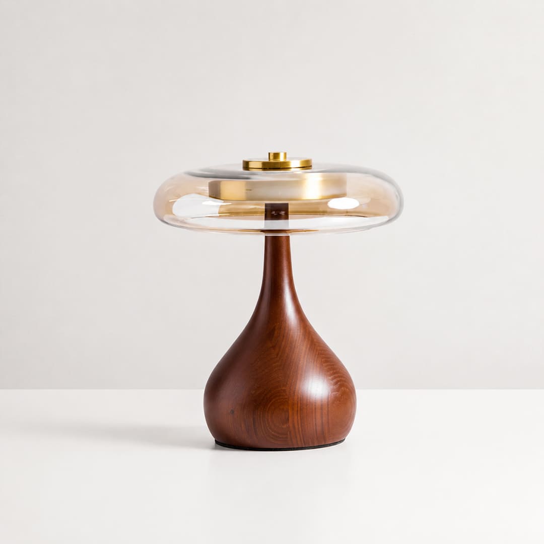 Ambra table lamp short 9.8 inch walnut wood curved base amber glass shade dome Japandi organic modern bedside small compact plug in integrated LED white background