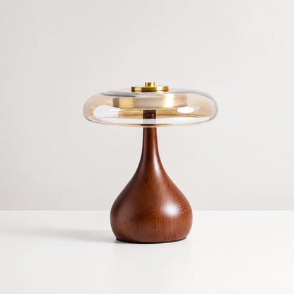 Ambra table lamp short 9.8 inch walnut wood curved base amber glass shade dome Japandi organic modern bedside small compact plug in integrated LED white background