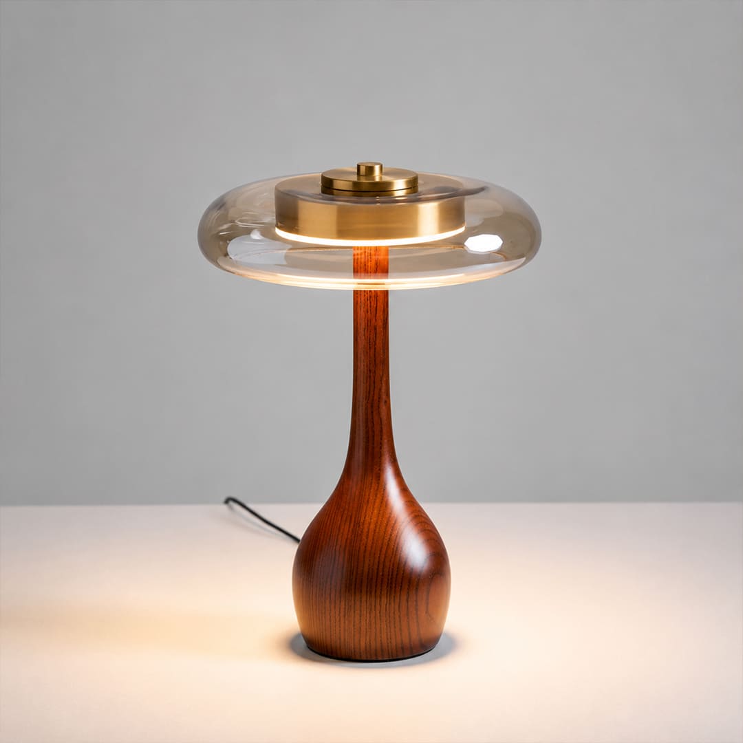 Ambra table lamp tall 12.6 inch walnut wood curved base amber glass shade dome Japandi organic modern bedside compact plug in integrated LED white background