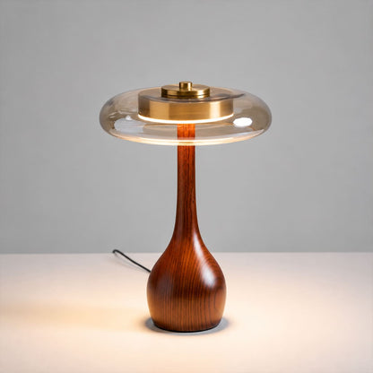 Ambra table lamp tall 12.6 inch walnut wood curved base amber glass shade dome Japandi organic modern bedside compact plug in integrated LED white background