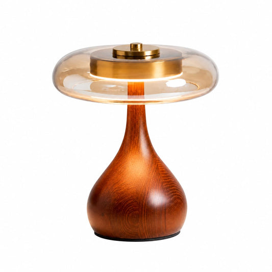 Ambra table lamp short 9.8 inch walnut wood curved base amber glass shade dome Japandi organic modern bedside small compact plug in integrated LED white background
