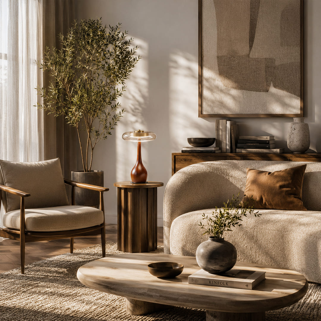 Ambra table lamp tall 12.6 inch modern living room side table sofa accent walnut wood amber glass Japandi organic modern warm golden ambient sophisticated lifestyle interior American home