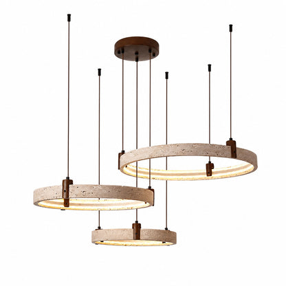 Anelli travertine chandelier yellow travertine stone concentric rings walnut wood multi tier sculptural minimalist white background