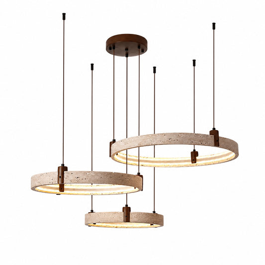 Anelli travertine chandelier yellow travertine stone concentric rings walnut wood multi tier sculptural minimalist white background