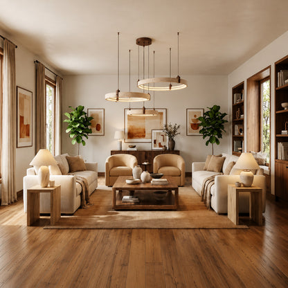 Anelli travertine chandelier three ring double height great room warm glow travertine stone tiered statement American home lifestyle interior styled