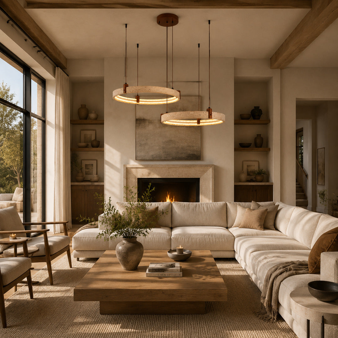 Anelli travertine chandelier living room double height open space warm glow travertine stone rings sculptural American home lifestyle interior styled