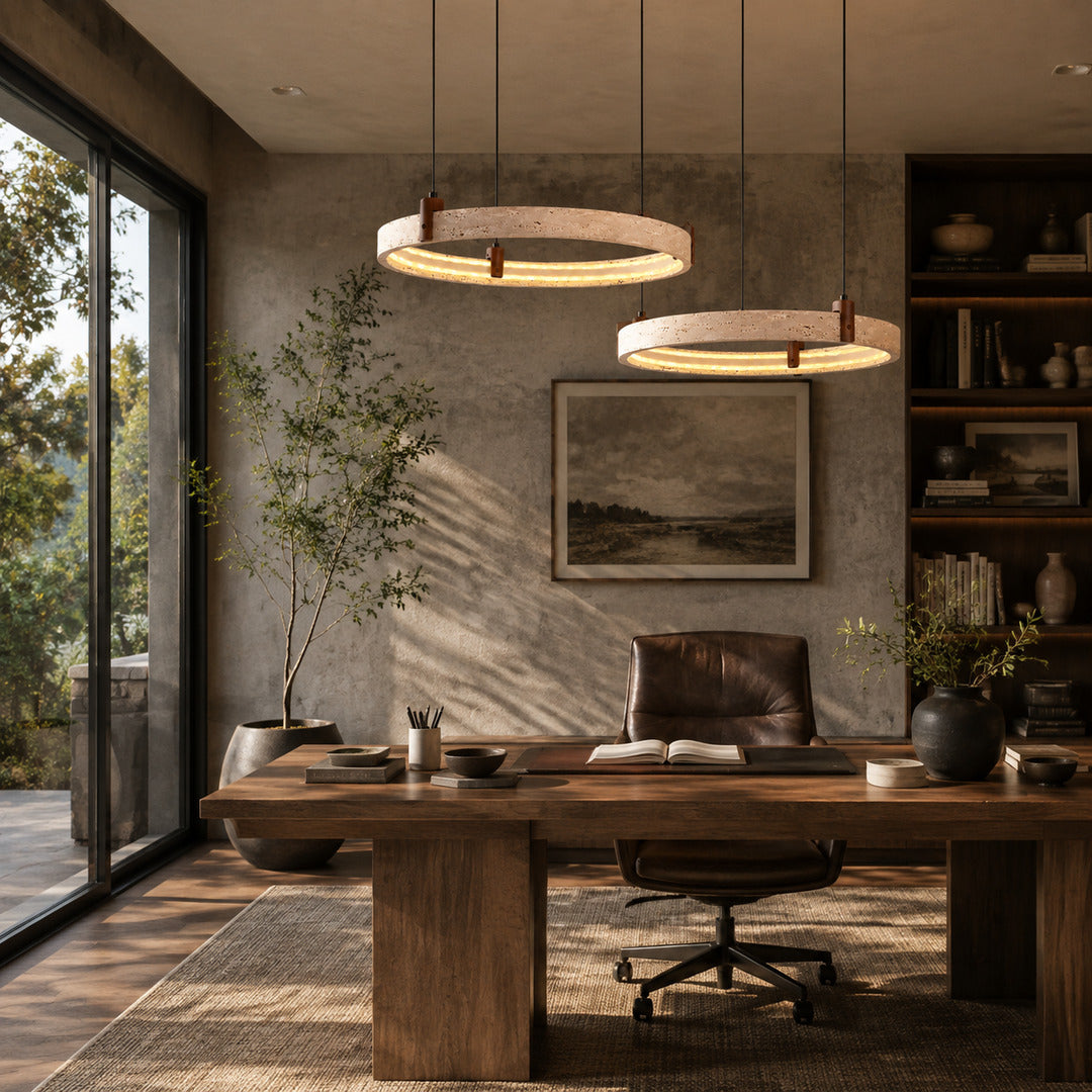 Anelli travertine chandelier hotel lobby restaurant warm glow travertine stone rings statement commercial interior styled