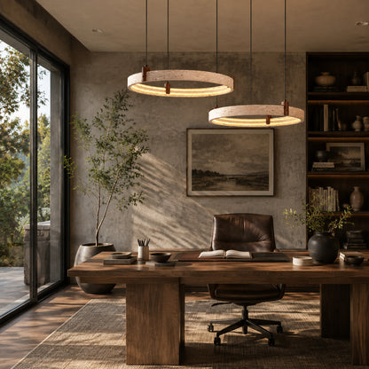 Anelli travertine chandelier hotel lobby restaurant warm glow travertine stone rings statement commercial interior styled