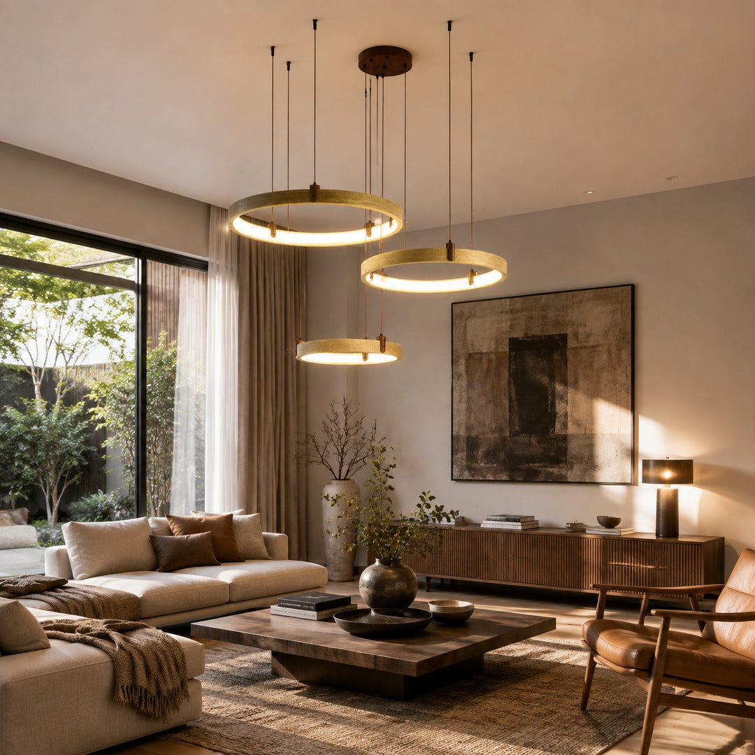 Anelli travertine chandelier three ring double height great room warm glow travertine stone tiered statement American home lifestyle interior styled