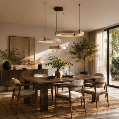 Anelli travertine chandelier dining room table warm glow travertine stone rings Japandi American home lifestyle interior styled