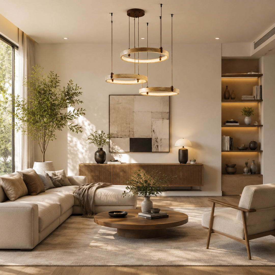 Anelli travertine chandelier living room double height open space warm glow travertine stone rings sculptural American home lifestyle interior styled