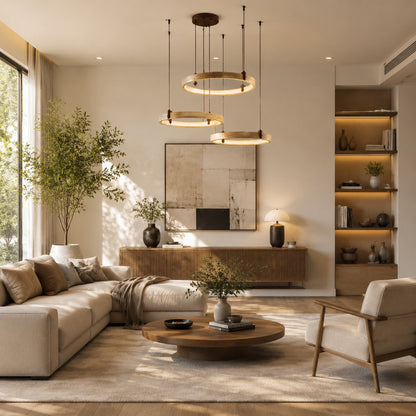 Anelli travertine chandelier living room double height open space warm glow travertine stone rings sculptural American home lifestyle interior styled
