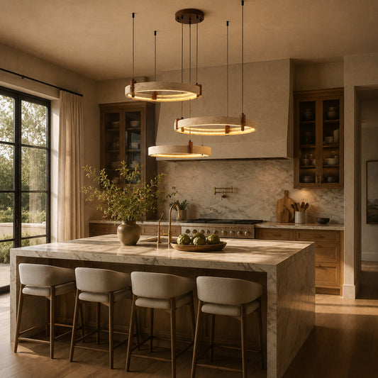 Anelli travertine chandelier open plan living dining modern warm glow travertine stone rings American home lifestyle interior styled