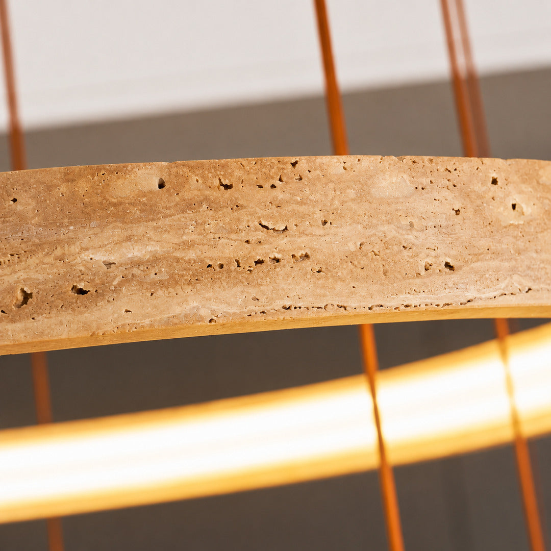 Anelli travertine chandelier yellow travertine natural stone veining porous texture ring detail close up unique