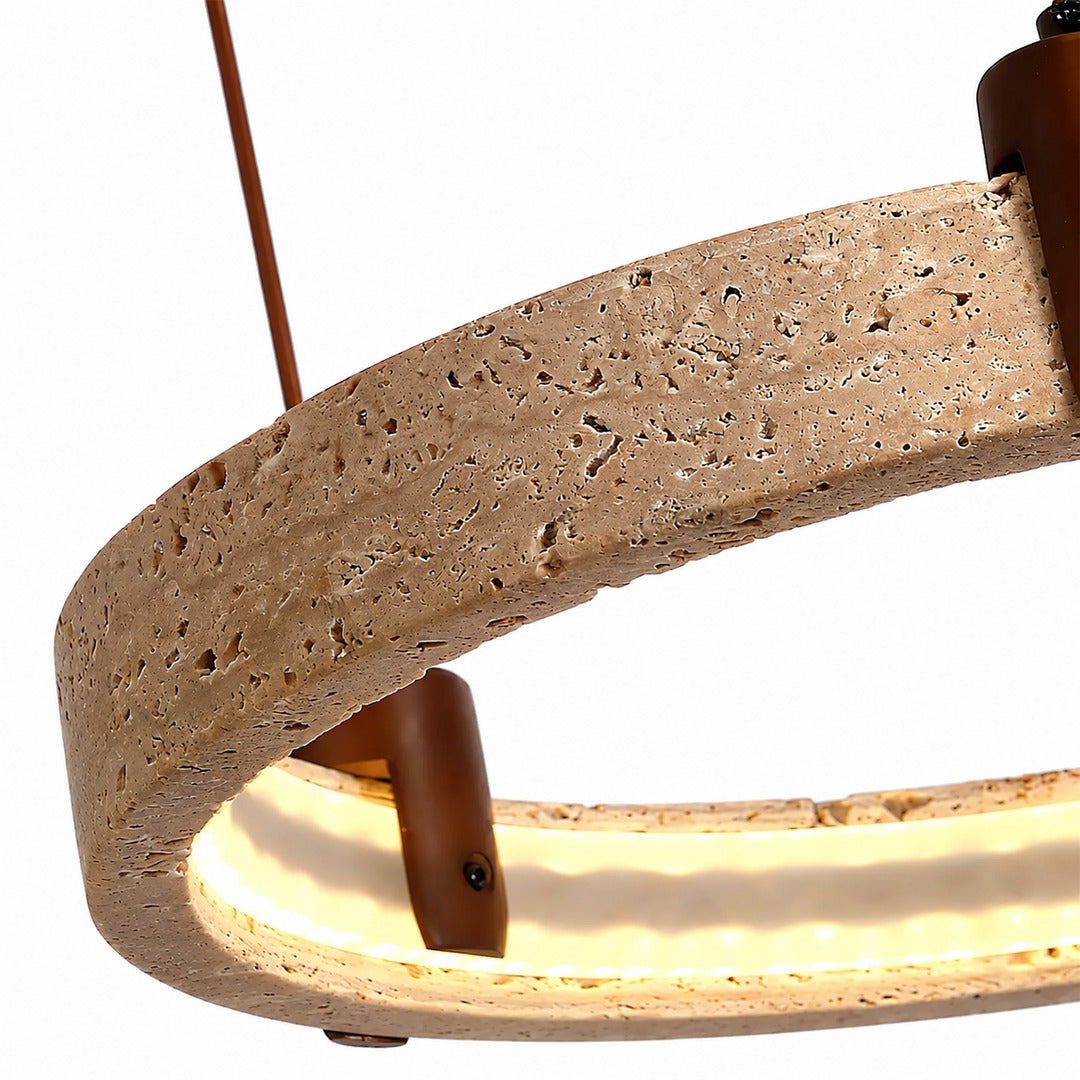 Anelli travertine chandelier yellow travertine natural stone veining porous texture ring detail close up unique