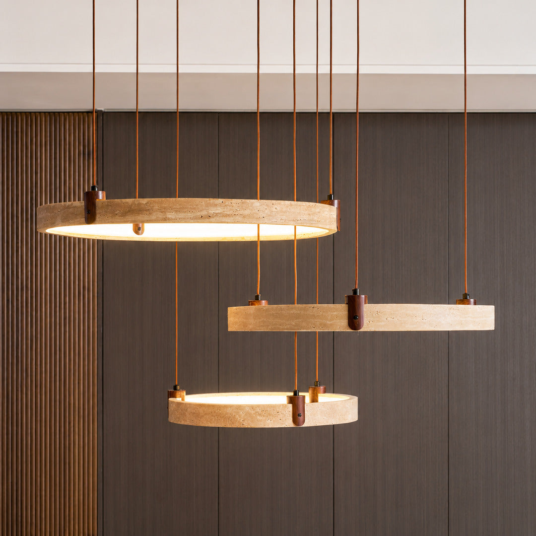 Anelli travertine chandelier tall H59 inch full drop suspended multi ring silhouette scale detail