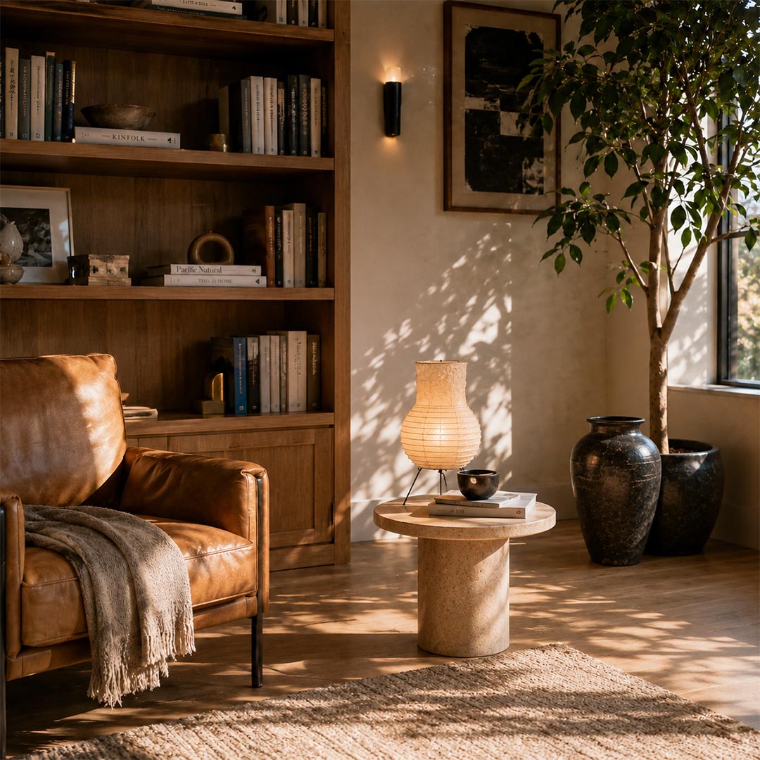 Mid-century modern inspired home library lit by a beautiful, warm Washi Paper Zara Lantern Lamp by Stuber Lighting.