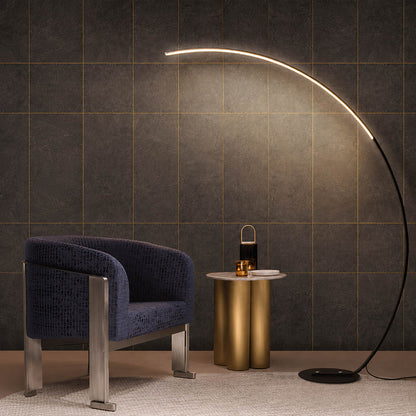 Arco floor lamp black modern lounge seating area conversation zone overhead reach arc curved statement mid century Italian minimalist warm ambient sculptural lifestyle interior