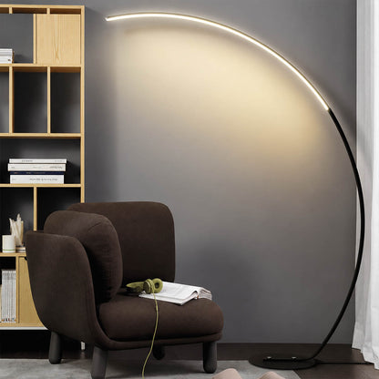 Arco floor lamp black modern lounge seating area conversation zone overhead reach arc curved statement mid century Italian minimalist warm ambient sculptural lifestyle interior