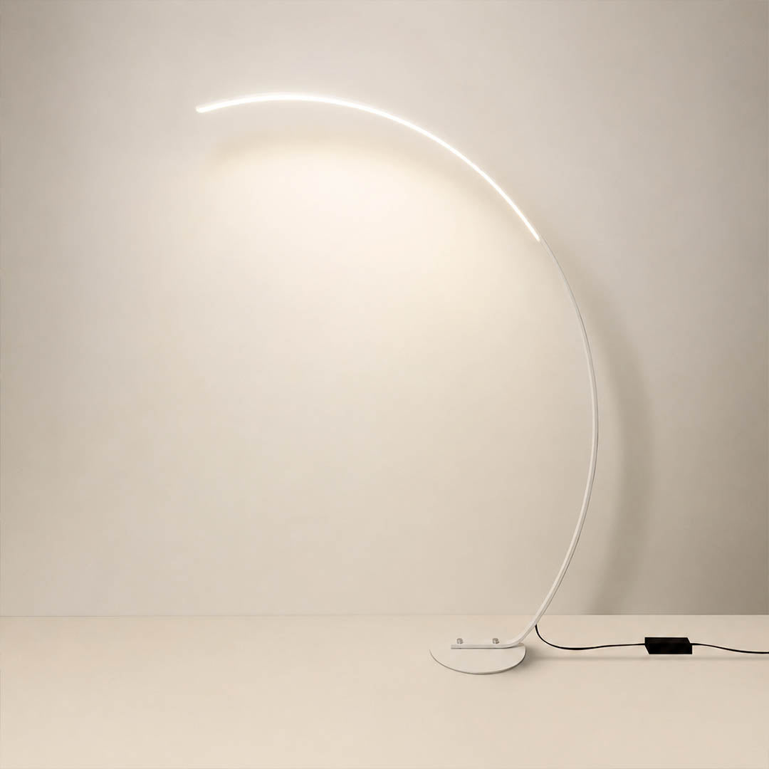 Arco floor lamp modern arc curved overhead reach 47.2 inch wide 66.9 inch tall white metal frame acrylic shade integrated LED minimalist Italian mid century statement sofa living room white background