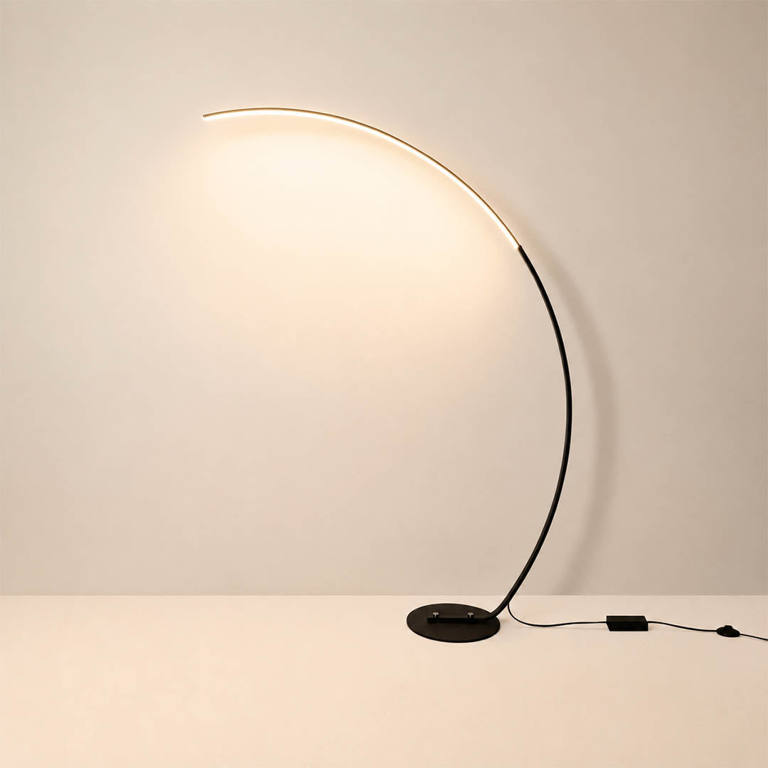 Arco floor lamp modern arc curved overhead reach 47.2 inch wide 66.9 inch tall black metal frame acrylic white shade integrated LED minimalist Italian mid century statement sofa living room white background