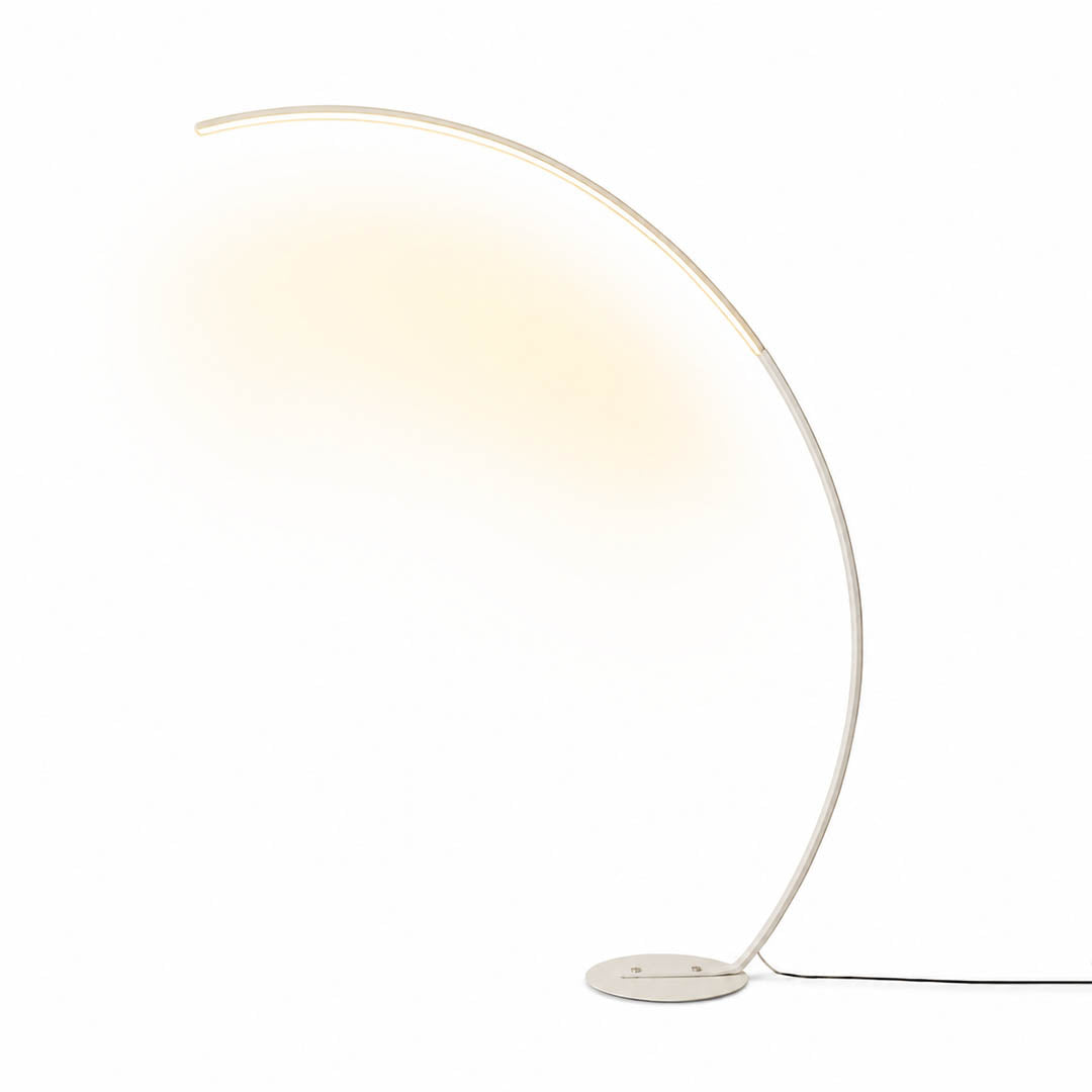 Arco floor lamp modern arc curved overhead reach 47.2 inch wide 66.9 inch tall white metal frame acrylic shade integrated LED minimalist Italian mid century statement sofa living room white background