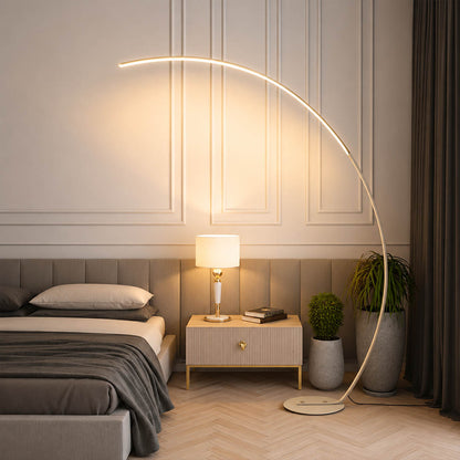 Arco floor lamp black boutique hotel guest room hospitality overhead reach arc curved statement mid century Italian minimalist warm ambient sculptural lifestyle interior