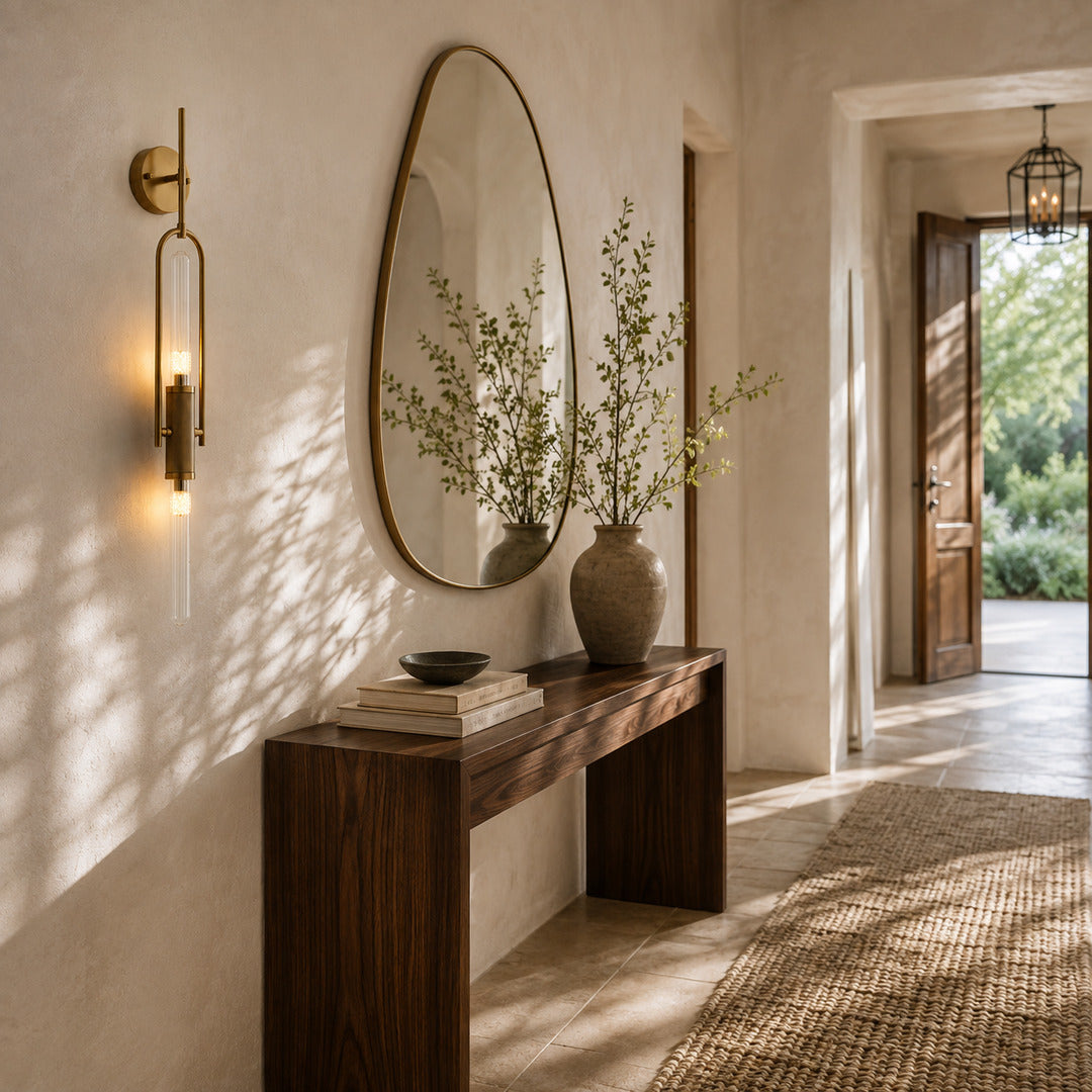 Arco glass wall sconce welcoming guests with a warm arced silhouette above an entry console