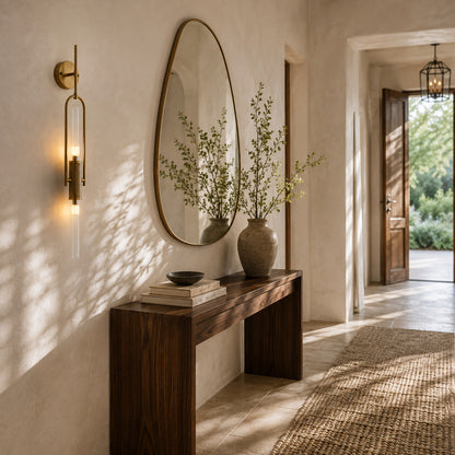 Arco glass wall sconce welcoming guests with a warm arced silhouette above an entry console