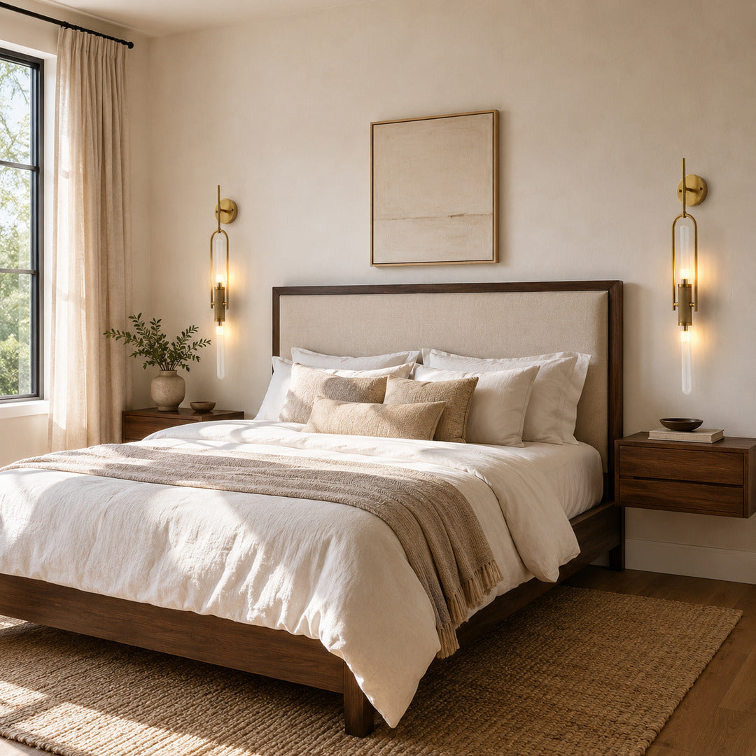 Pair of Arco glass wall sconces flanking a bed as slim arced bedside lights