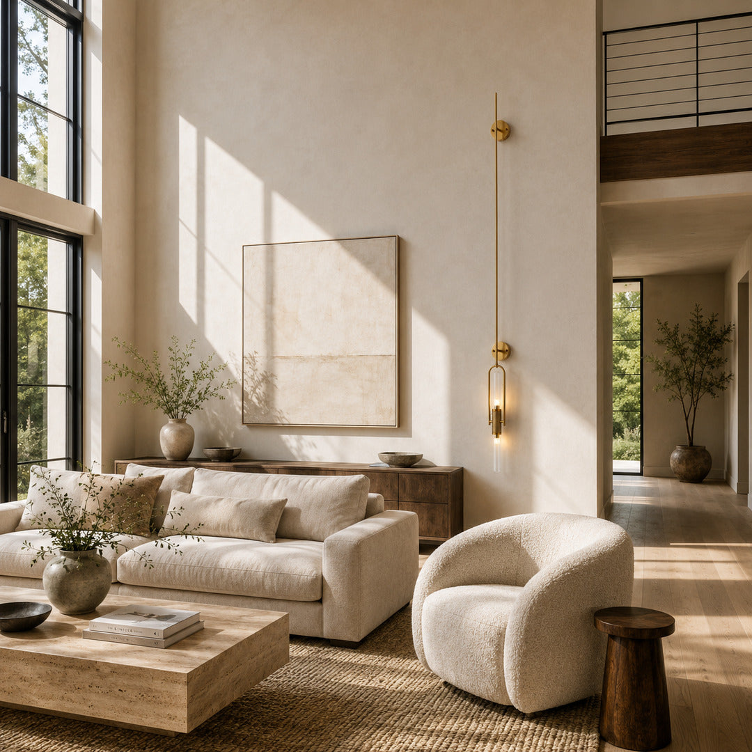 Arco glass wall sconce as a slim modern accent on a living room wall