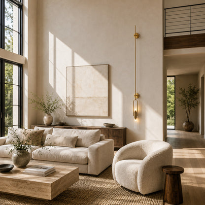 Arco glass wall sconce as a slim modern accent on a living room wall